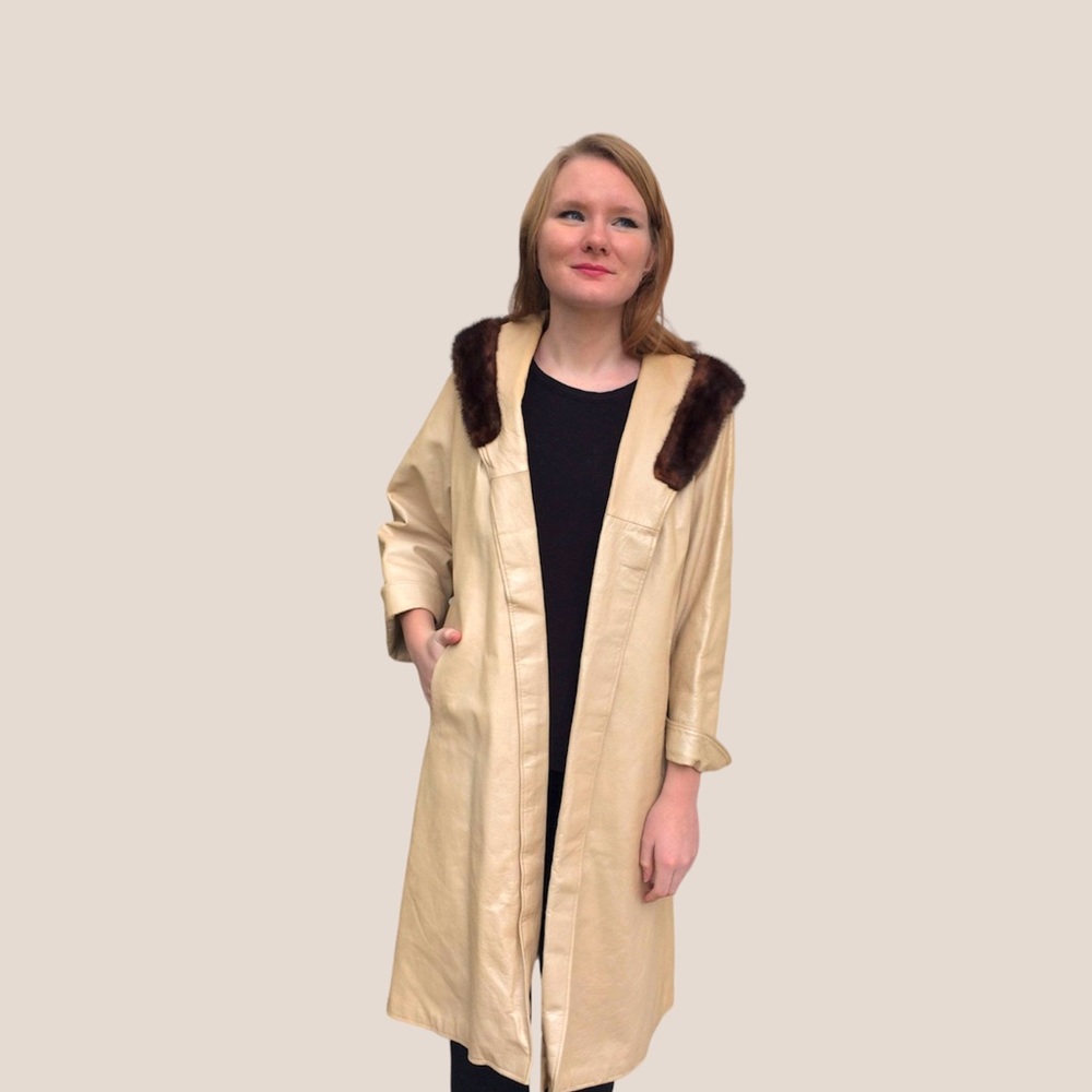 Open Front Leather Coat 60s Champagne Ivory Pleather Fur Trim Midcentury